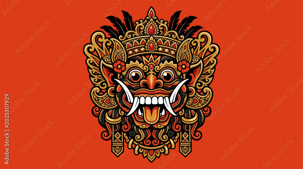Obraz premium Traditional Balinese Barong Mask Vector Illustration.