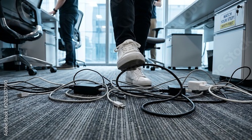 Person walking on office floor with many power cables and extension cords creating tripping hazard risk.