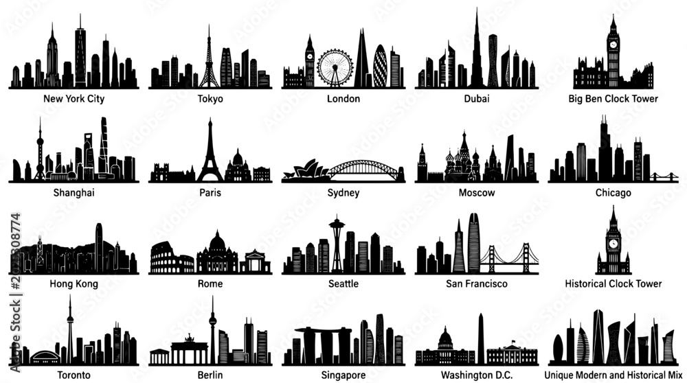 Naklejka premium City skylines set with iconic landmarks from major cities worldwide featuring Tokyo, London, Dubai with Big Ben Clock Tower and Shanghai elements for