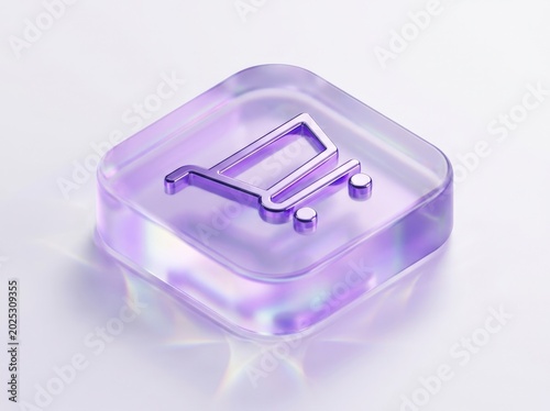A premium 3D isometric icon of a shopping cart embedded within a rounded square block of translucent frosted glass