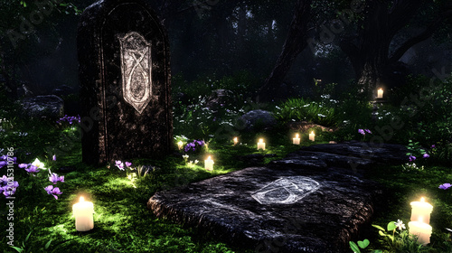 Mystical ancient gravestone in dark forest, glowing stone tomb with candles and purple flowers, atmospheric cemetery in enchanted woods at night