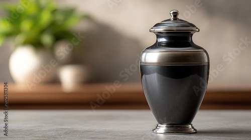 Elegant dark metal cremation urn with silver details resting on a table in a peaceful room