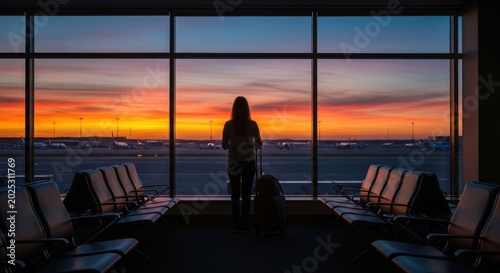 Solo traveler watching stunning sunset over airport tarmac through expansive window, contemplating journeys and future adventures.