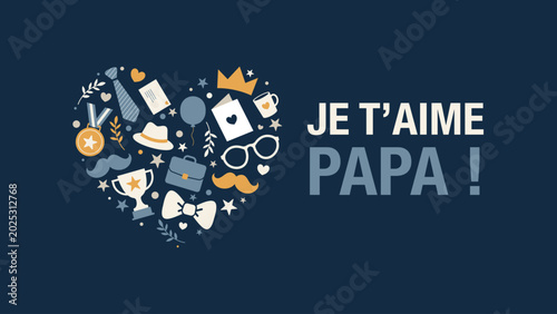 Tableau sur toile Carte pour la fête des pères avec le message “Je t’aime papa”, un cœur composé d’icônes masculines et un fond bleu élégant