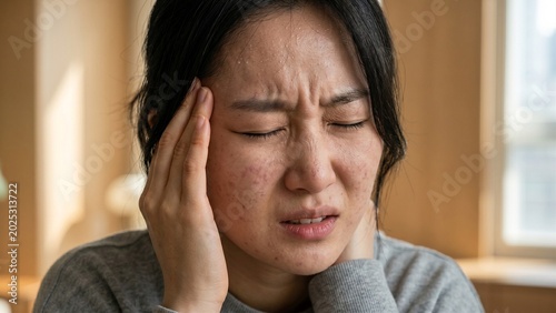 頭痛で頭を押さえる患者 健康管理と医療をイメージしたコンセプト