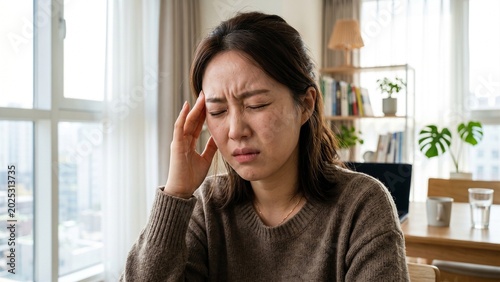 頭痛で頭を押さえる患者 健康管理と医療をイメージしたコンセプト