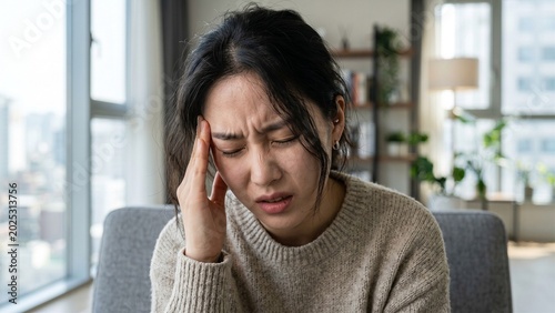 頭痛で頭を押さえる患者 健康管理と医療をイメージしたコンセプト
