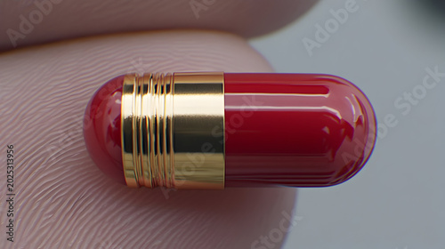 Luxury red and gold pill capsule held between fingers, premium pharmaceutical medicine macro, elegant drug supplement for healthcare and wellness