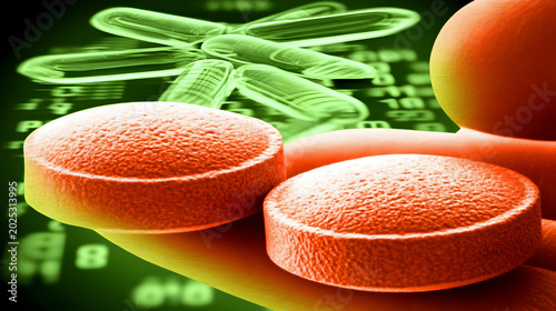 Pharmaceutical medicine pills on green digital background, orange medical tablets for healthcare, science research and biotechnology concept