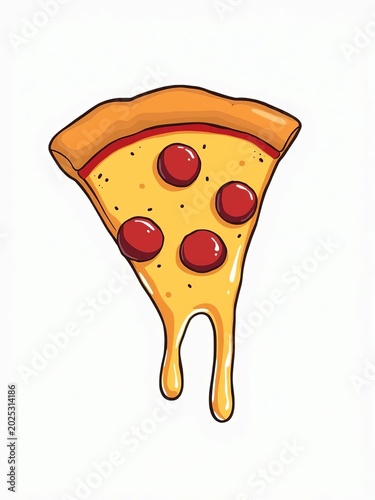 Melted cheese drips from a single slice of cartoon pizza, ||cheese, illustration
