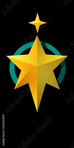 Golden star illustration with a teal ring on a black background with long shadow, subtle gradient, pop of color