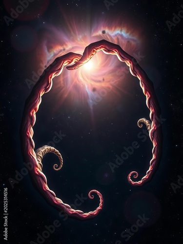 Galactic tendrils stretch out like tentacles from a radiant center, set against a starry blackness, cosmos, imaginative
