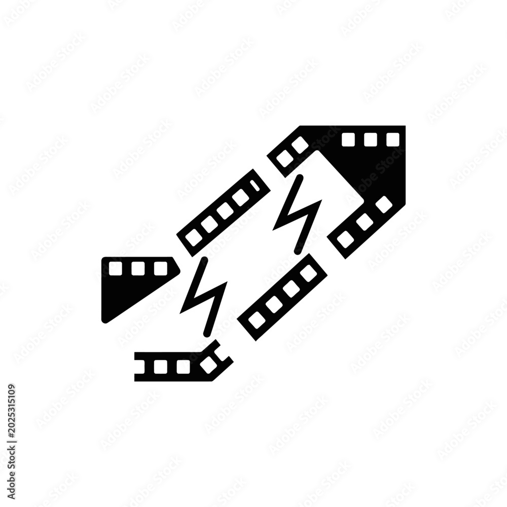 Fototapeta premium Black and white icon of two film strips with lightning bolts between them, representing video editing or fast film processing