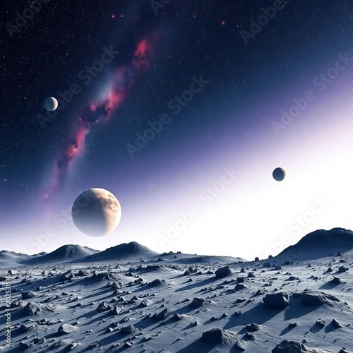 Cosmic landscape with scattered stars and planets on a white background, galaxy, celestial