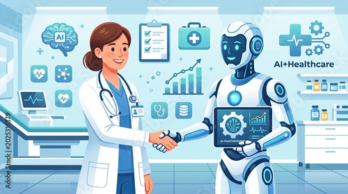 Doctor and robot shaking hands in hospital with medical icons on wall