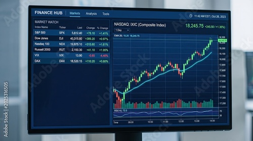 A computer monitor displays a stock market graph with financial data in an office setting.