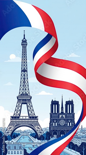 The Eiffel Tower and Notre Dame Cathedral stand tall in Paris amidst a waving French flag on a sunny day.