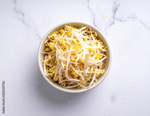 Soybean sprouts in a bowl, top view