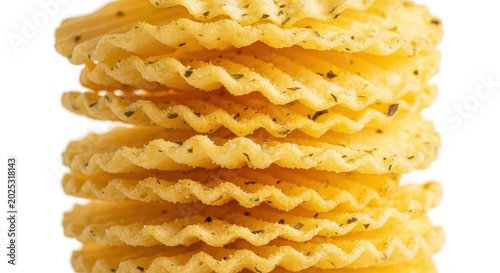Stack of Crispy Ridged Potato Chips with Herb Seasoning Isolated on White Background - Macro Food Photography