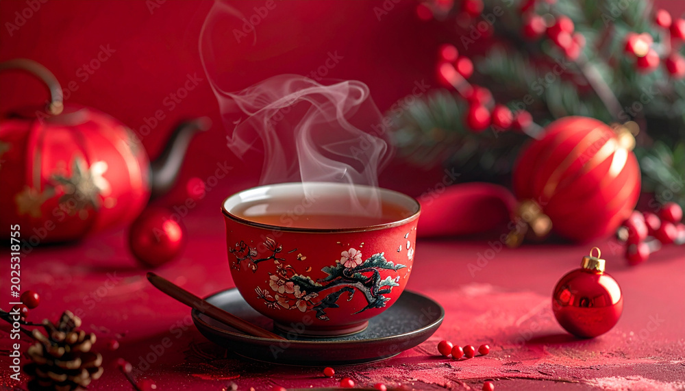 Fototapeta premium Steaming tea cup with decorative ornaments