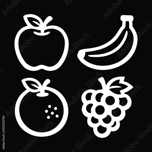 Fresh Fruit Line Icon Set Apple Banana Orange and Grape White Contour Symbols for Healthy Eating Organic Grocery Food Branding and Nutrition Illustrations
