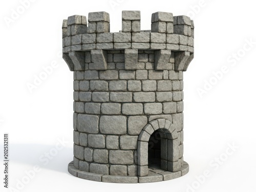 A detailed miniature model of a medieval castle tower with battlements and an arched doorway