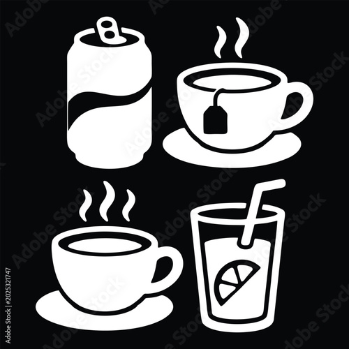 Summer Sun and Tropical Drink Silhouette Vector Icon Set Beverage Can Coffee Mug Tea Cup and Lemonade Glass Symbols for Cafe Branding Beach Party and Restaurant Menu Illustrations