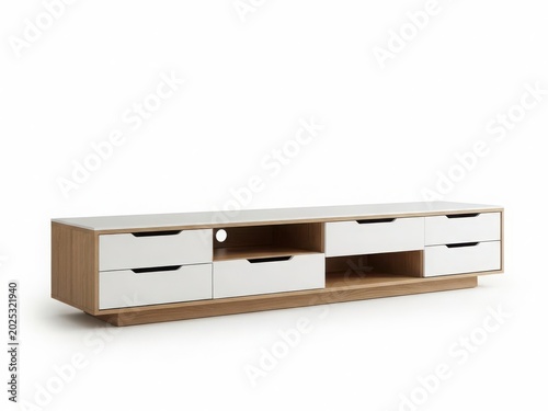 Modern wooden entertainment unit with open shelves and drawers