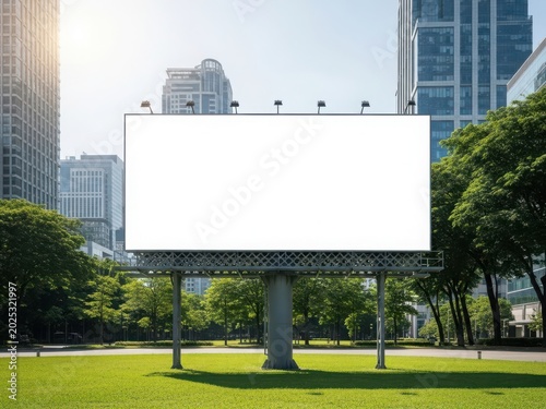 A large billboard stands empty in a park surrounded by tall buildings and lush greenery.