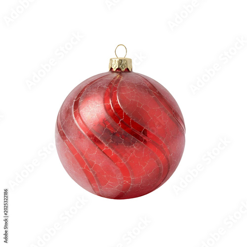 Single red Christmas ornament ball with gold cap, isolated transparent background