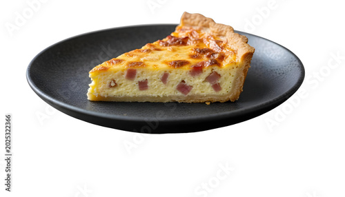 Slice of Quiche Lorraine with Bacon and Cheese Filling on Black graphic design isolated on a transparent background