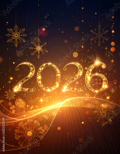 New Year celebration with sparkling snowflakes and golden lights shining brightly