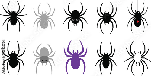Schilderij op canvas Spooky Spider Silhouette and Icon Vector Illustration Set with Black Widows and