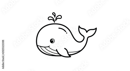 Photos Cute cartoon whale illustration, simple black and white line art, isolated on white background