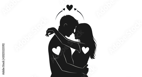 Couple Silhouette Hugging with Hearts, Romantic Love and Affection Symbol