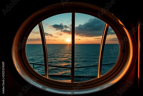Porthole offering a serene view of the ocean sunset with a golden sky