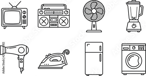Photos Home Household Electric Appliances Line Icon Set with Television Radio Blender R