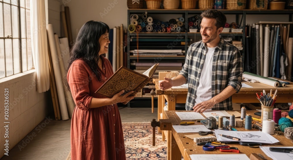 Fototapeta premium People discussing book indoors near worktable with various items and natural light