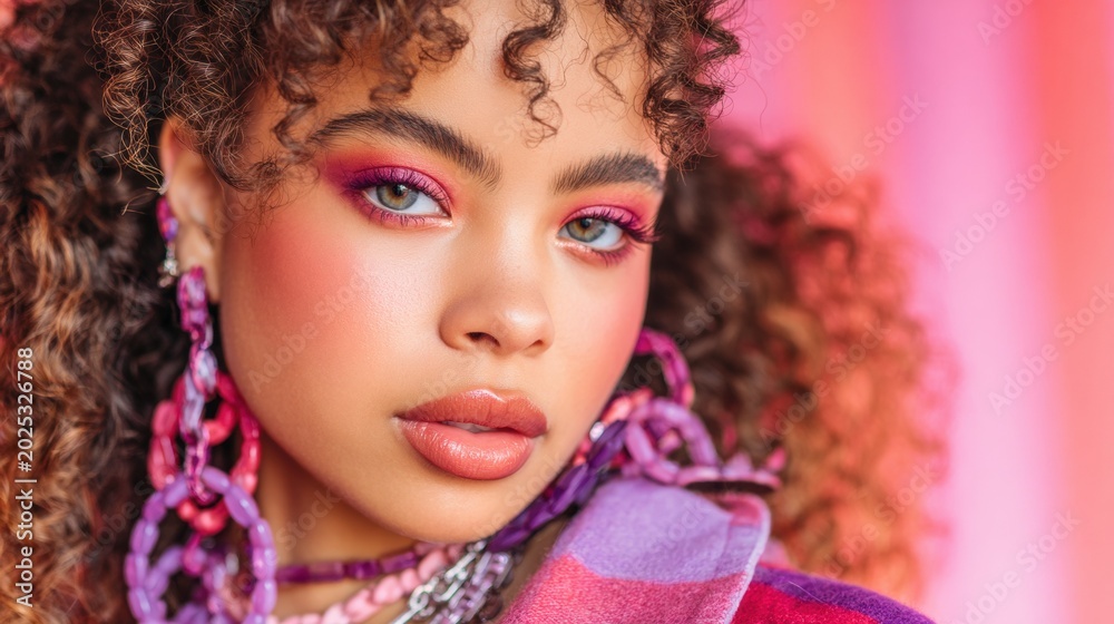 Fototapeta premium Model poses with curly hair and bright makeup in studio setting at daytime