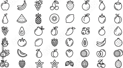 Fresh fruit minimalist line icon set.