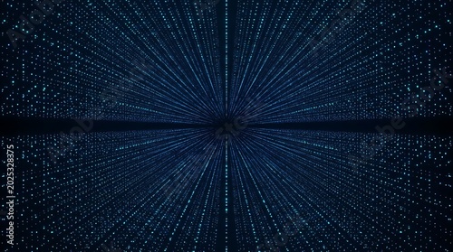 Symmetrical blue digital dot grid perspective looking down an endless data tunnel corridor.