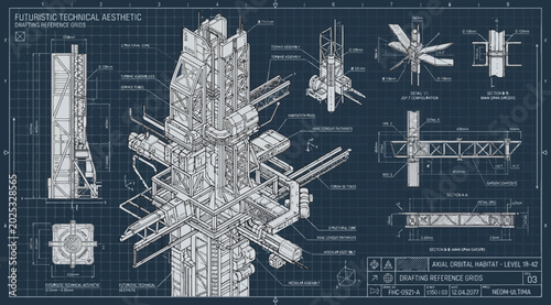 Obraz na płótnie Futuristic technical blueprint of an axial orbital habitat