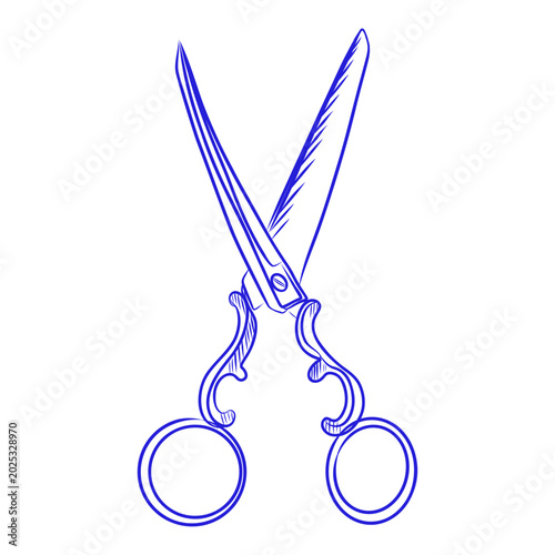 Hand-drawn vector sketch of hairdressing scissors, blue line art on a white background