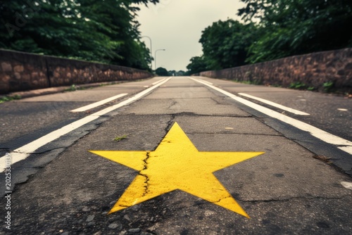 Yellow star painted on an old asphalt road leading into the distance, symbolizing direction