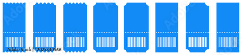 Fotografía Modern blue ticket stub icon collection with barcode labels, cinema passes, event coupons and admission tickets in clean flat vector style