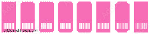 Fotografía Pink ticket stub icon collection featuring barcode labels, cinema passes, event coupons and admission tickets in clean flat vector style
