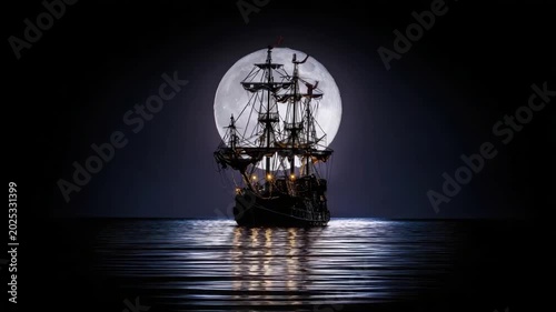 Silhouette of a sailing ship against a full moon at night