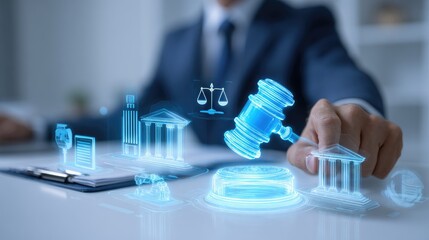 Digital legal icons and a gavel float above a desk, symbolizing justice