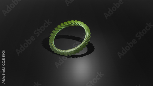 Konstfotografi A clean 3D graphic illustration featuring a stylized ring of interconnected green leaves tilted at an angle, hovering in a dark minimalist space