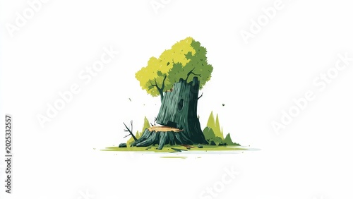 Illustration of a Large Green Tree with Bright Foliage and Fallen Branches in Natural Setting